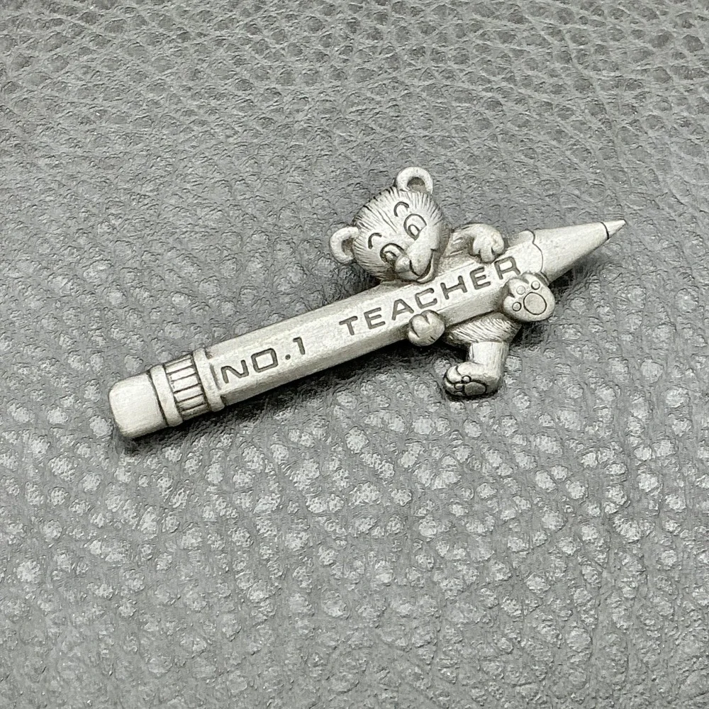 Vintage JJ Brooch Teacher Pin Silver Tone No.1 Teacher Bear Pencil 2.5 Inch